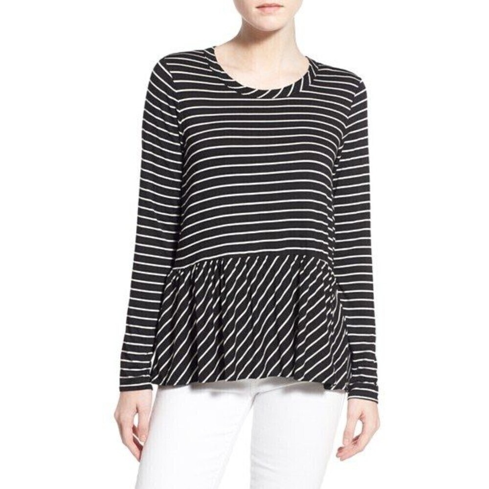NWT CHASER Black White Stripe Crew Neck Long Sleeve Peplum Jersey Shirt Medium